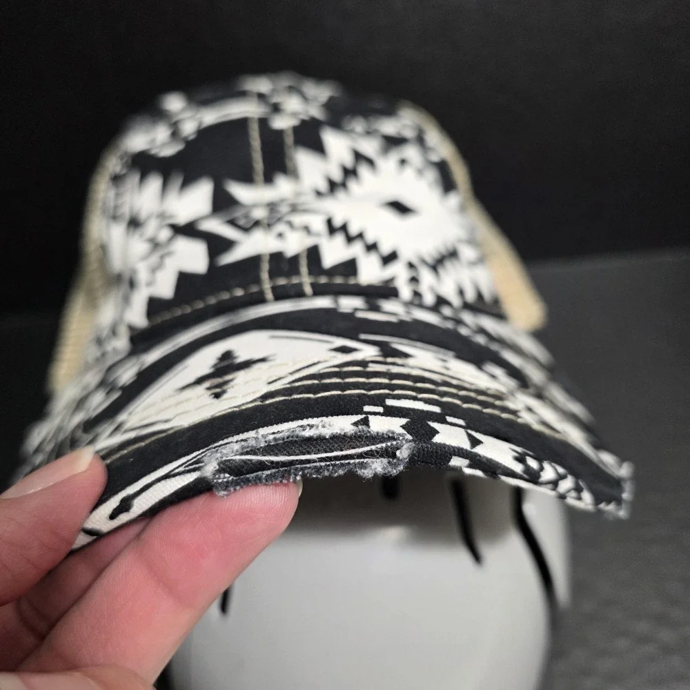 C.C Aztec Finish‎ Mesh Back Ponytail Baseball Cap Black & White Distressed Look